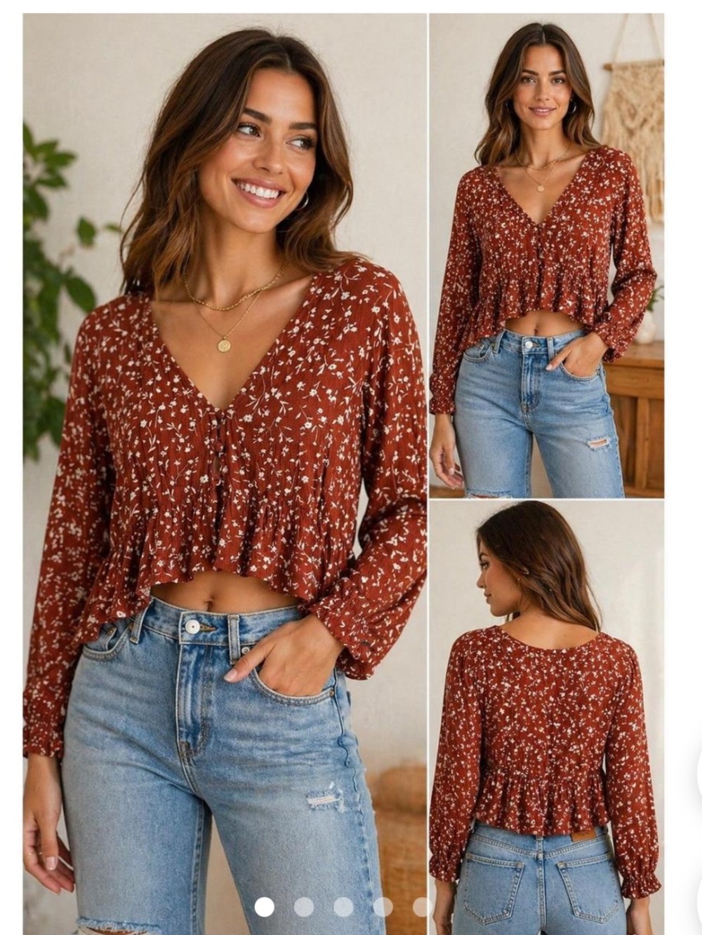 PacSun Rust Floral V-Neck Long Sleeve Crop Top